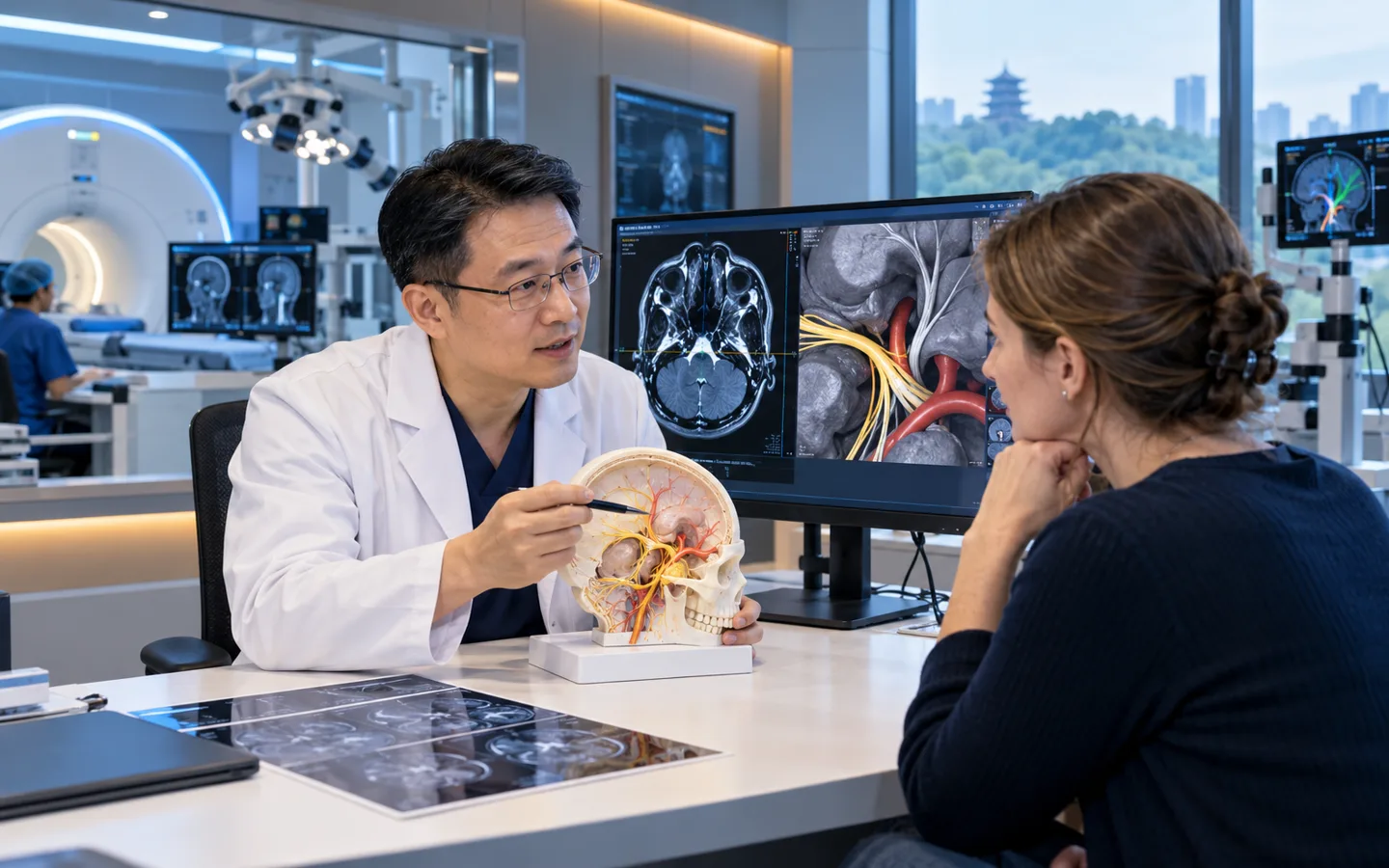 Chinese cranial nerve neurosurgeon explaining microvascular decompression to an international patient