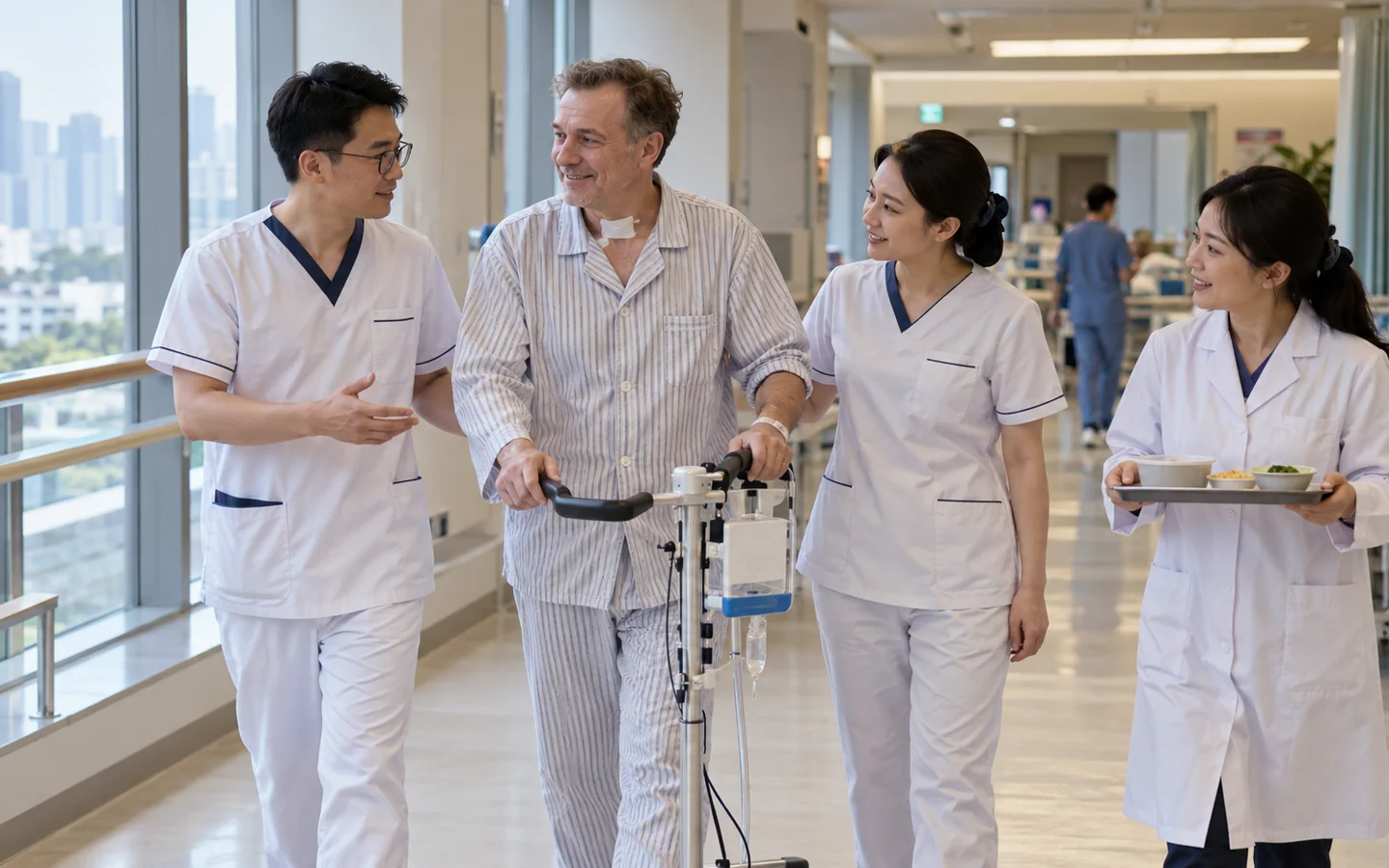International patient walking with respiratory physiotherapy and nutrition support after minimally invasive esophagectomy