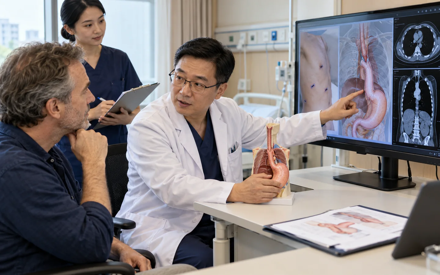 Chinese esophageal surgeon explaining minimally invasive esophagectomy ports and reconstruction to an international patient