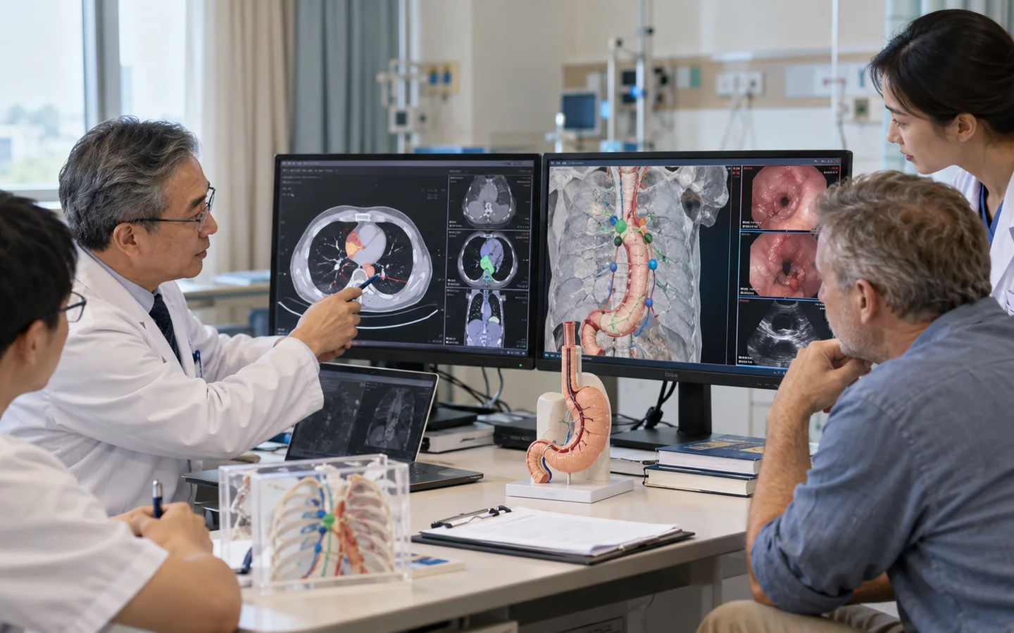 Chinese robotic and thoracoscopic team planning tumor stage lymph nodes and stomach conduit route