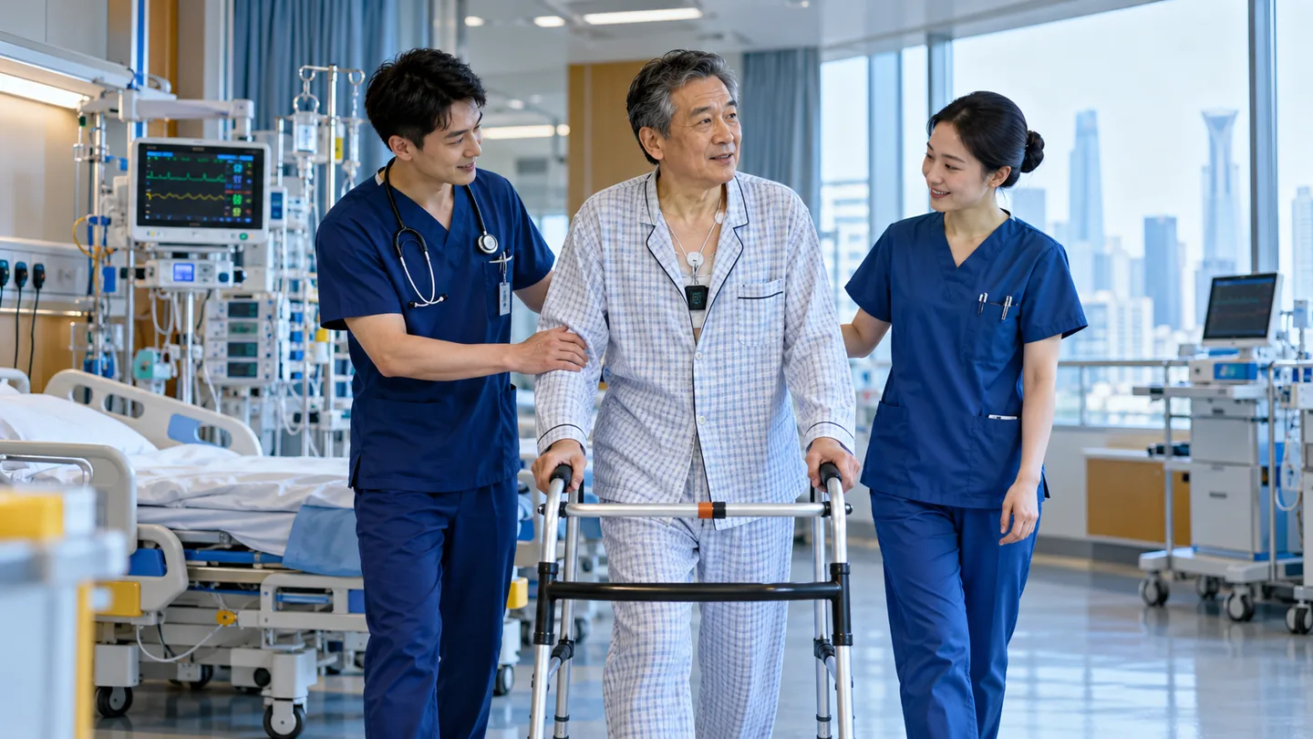 International patient completing early mobility assessment after minimally invasive heart surgery
