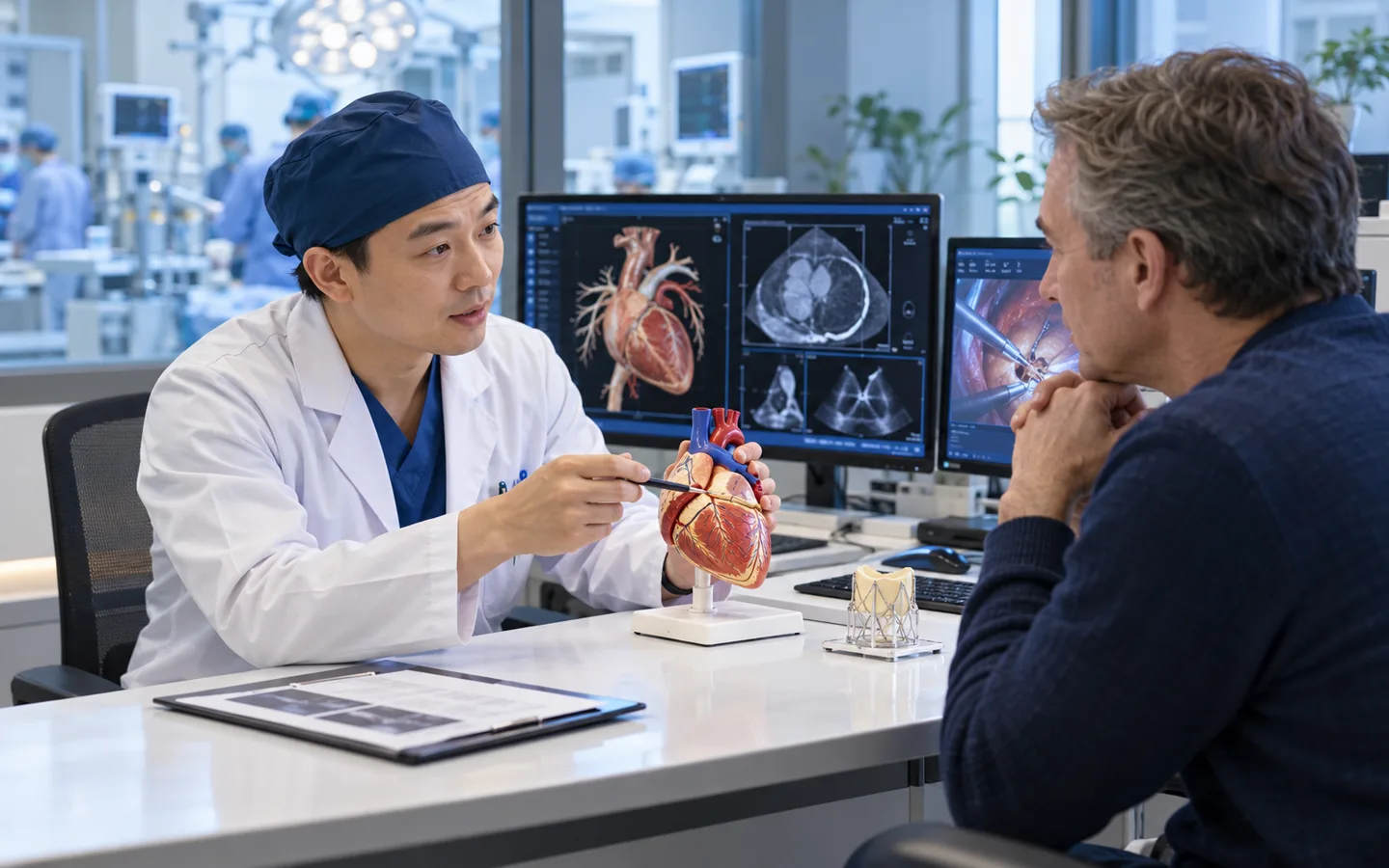 Chinese minimally invasive cardiac surgeon discussing small incision heart surgery with an international patient