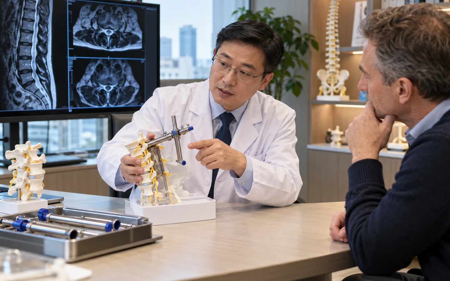 Chinese spine surgeon explaining tubular and endoscopic minimally invasive spine tools to an international patient