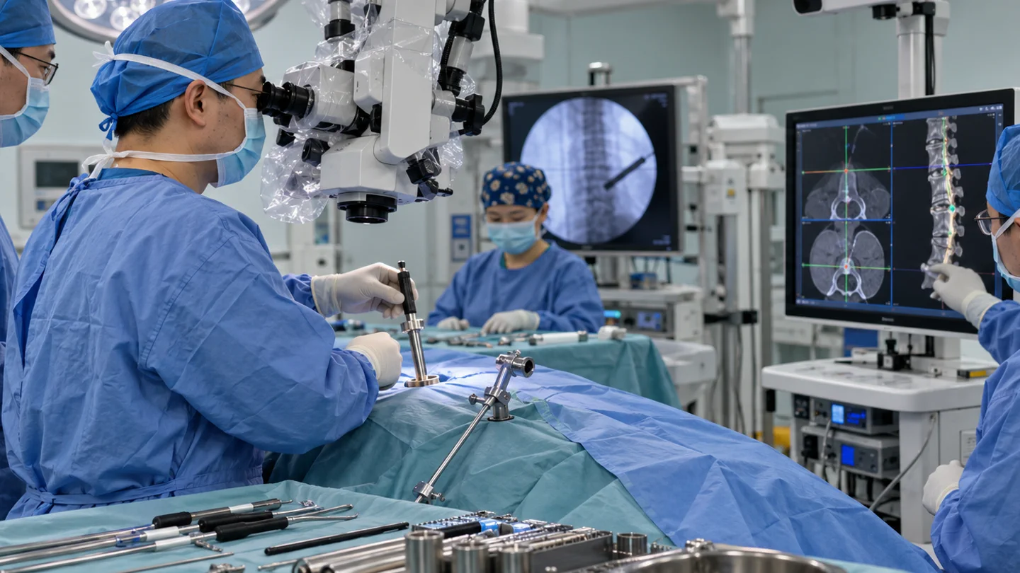 Chinese surgical team preparing a microscope tubular retractors and navigation for minimally invasive spine surgery