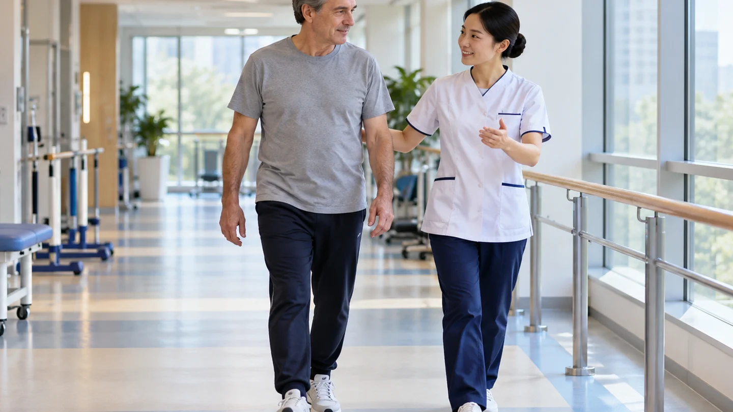 International patient walking beside a Chinese physiotherapist after minimally invasive spine surgery