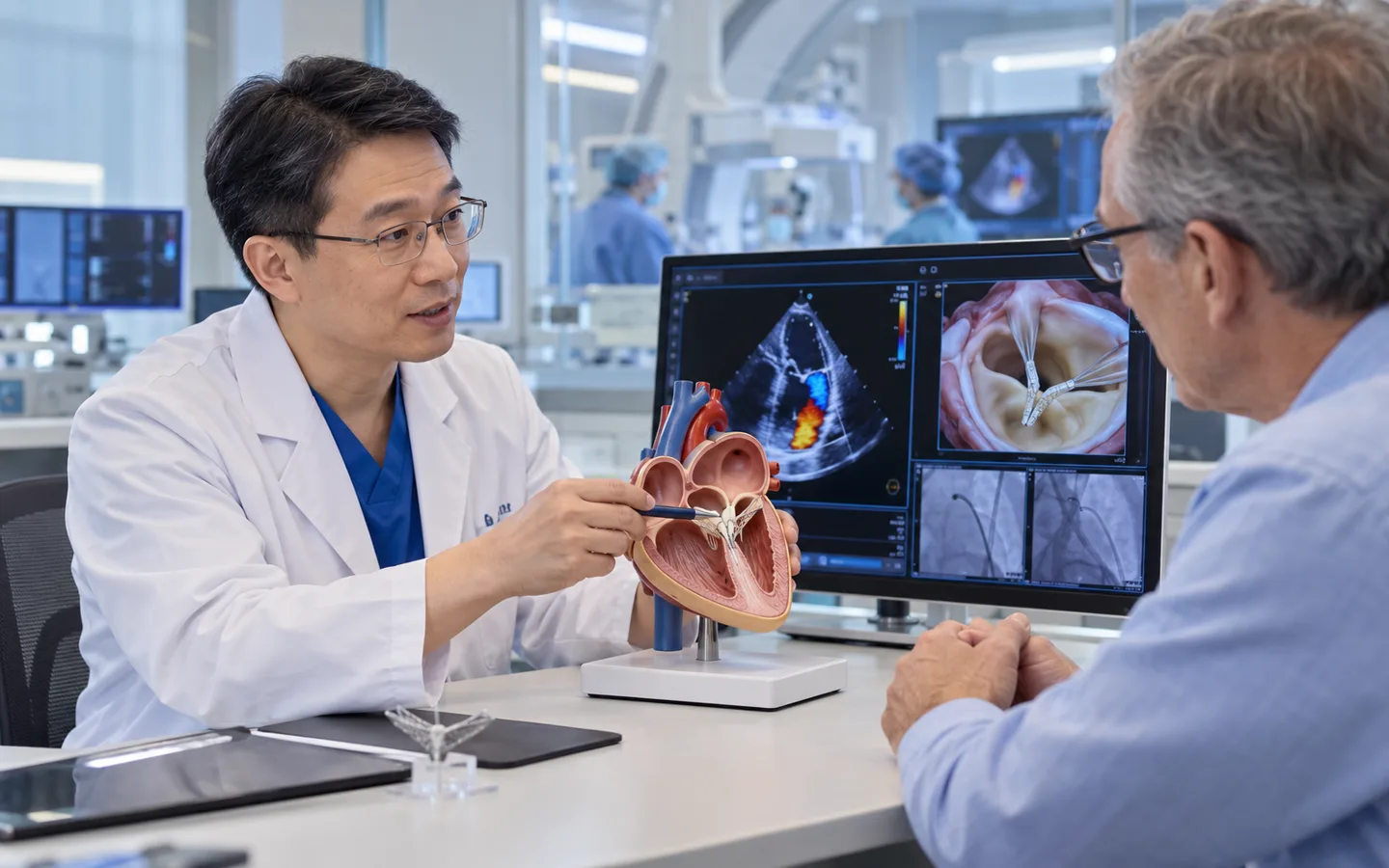 Chinese structural heart specialist explaining mitral TEER to an international patient