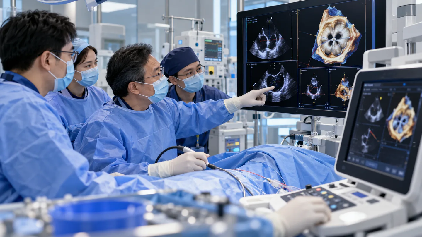 Chinese imaging cardiologist and interventional team planning mitral leaflet repair with transesophageal echocardiography