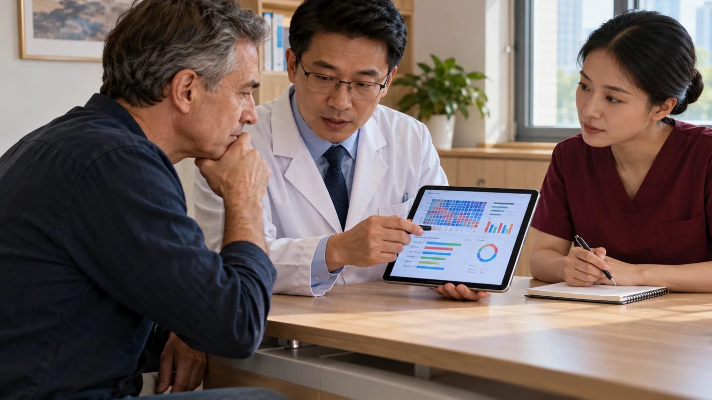 Oncologist and genetic counsellor explaining a tumour genomic report and its limitations to an international patient