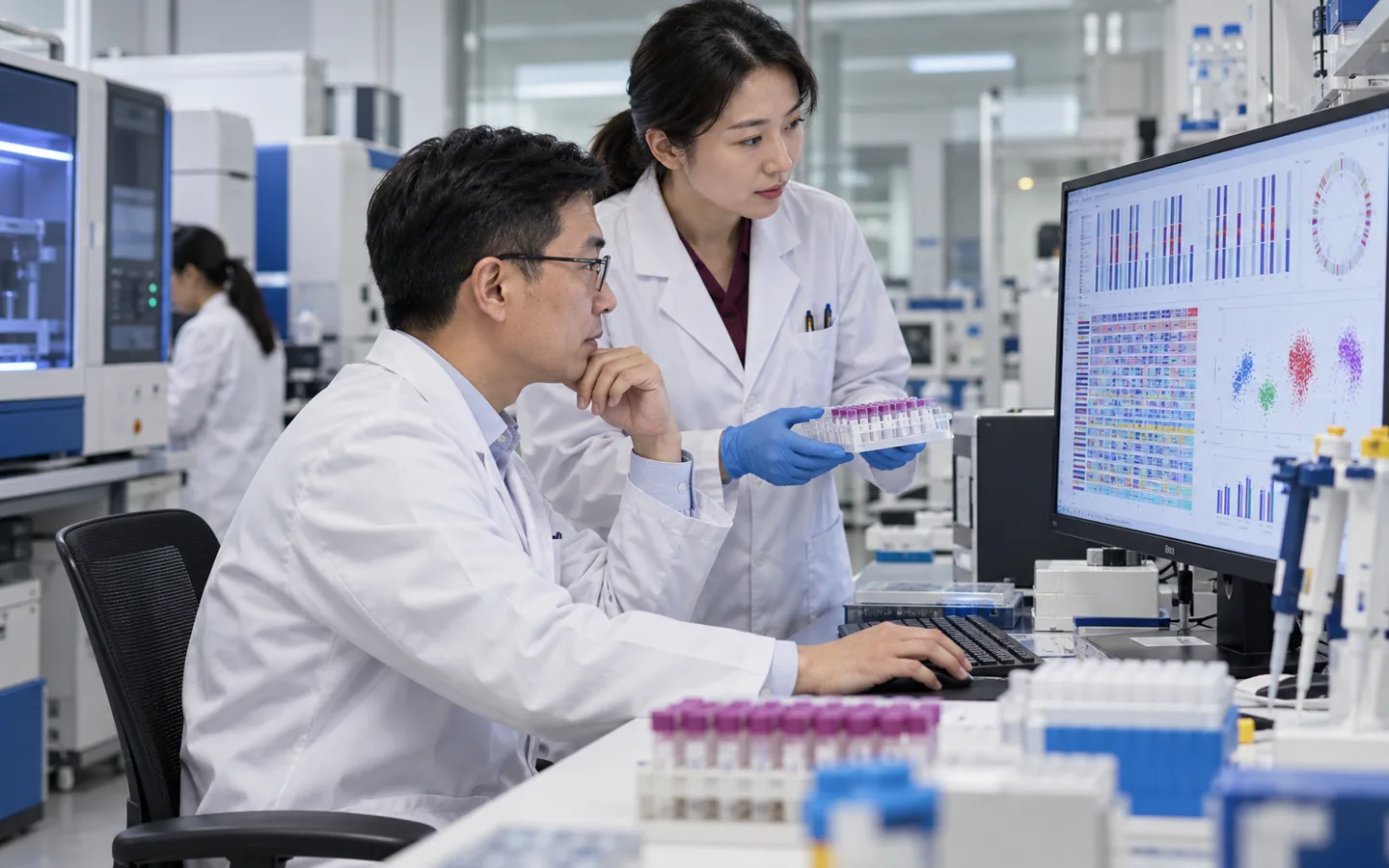 Chinese molecular oncology team reviewing tumour genomic data in a specialist laboratory