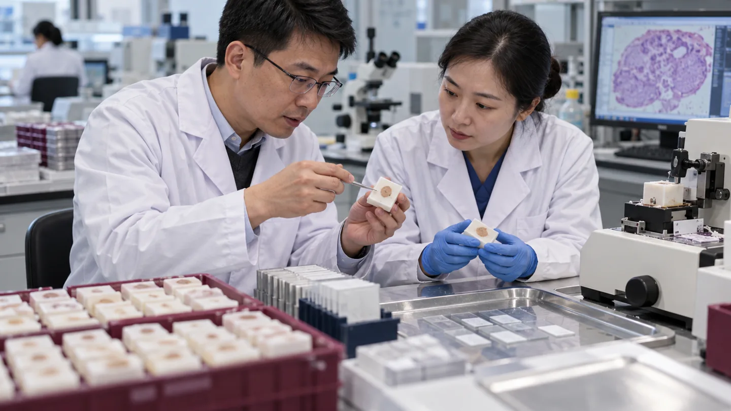 Chinese molecular pathology team selecting tumour tissue and reviewing quality controls before genomic testing