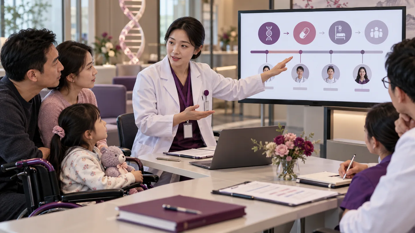 Chinese care coordinator explaining a prioritized rare disease plan and named follow-up owners