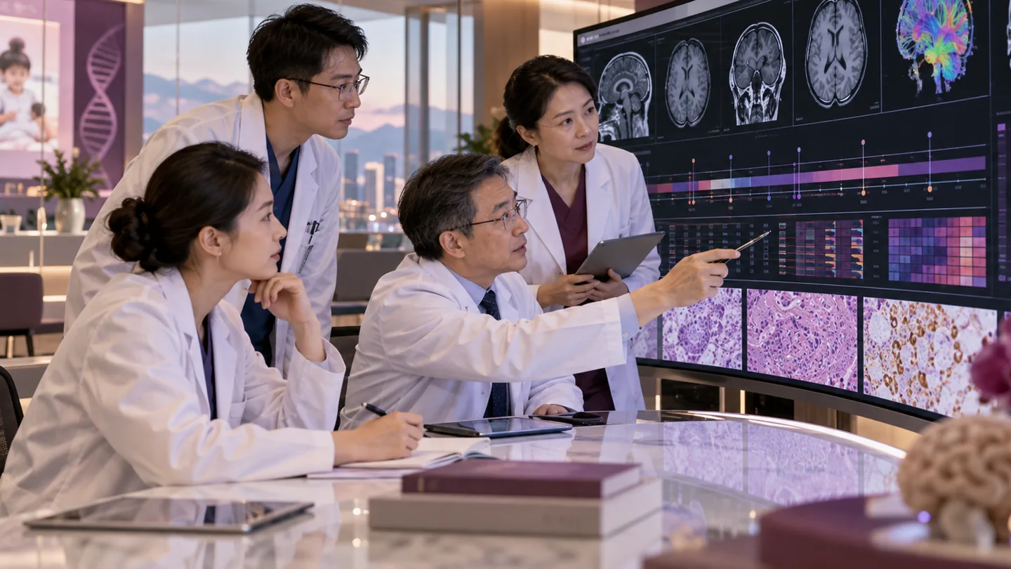 Chinese specialists reviewing a unified timeline imaging genetics and pathology