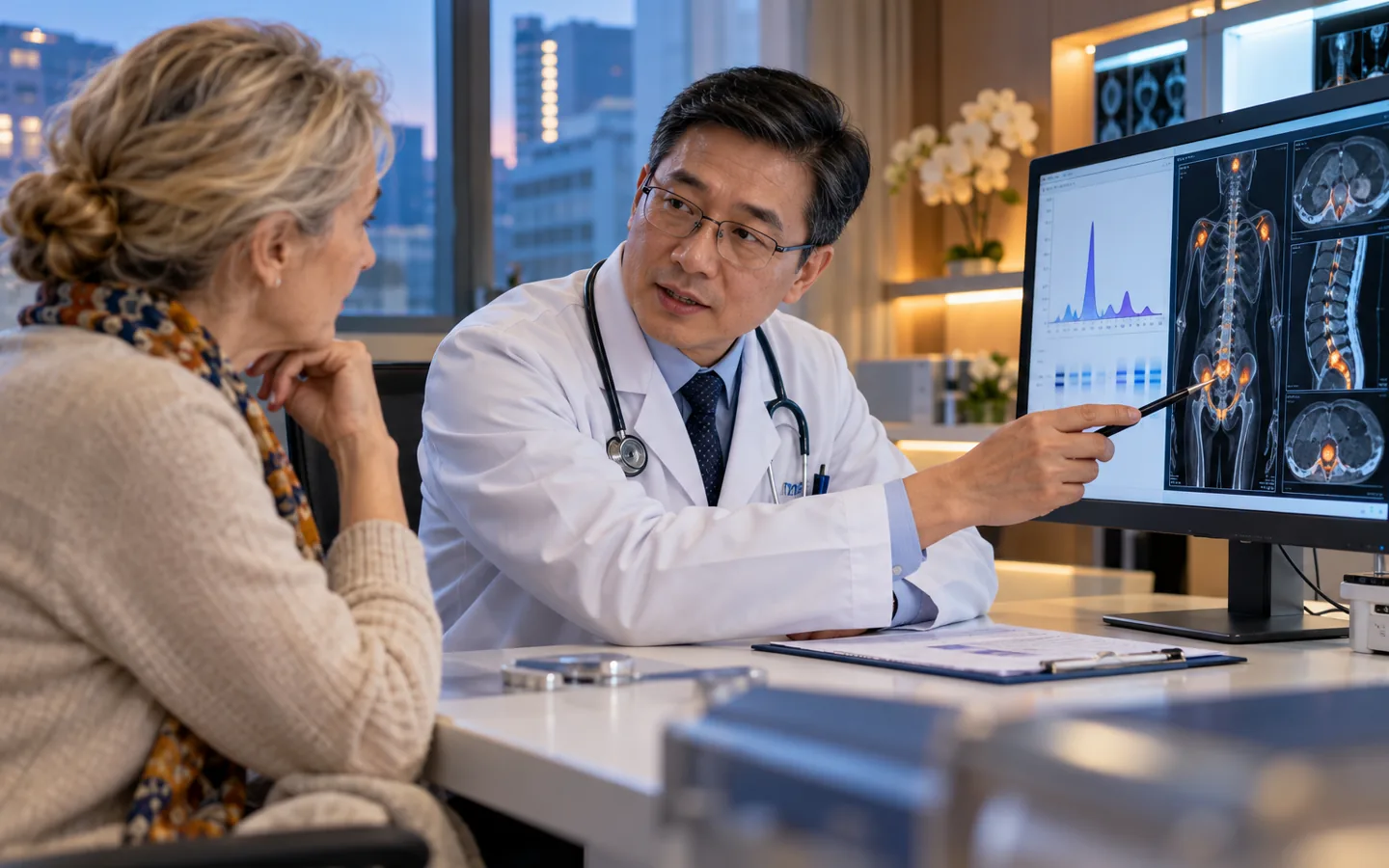 Chinese myeloma specialist explaining bone marrow and protein results to an international patient