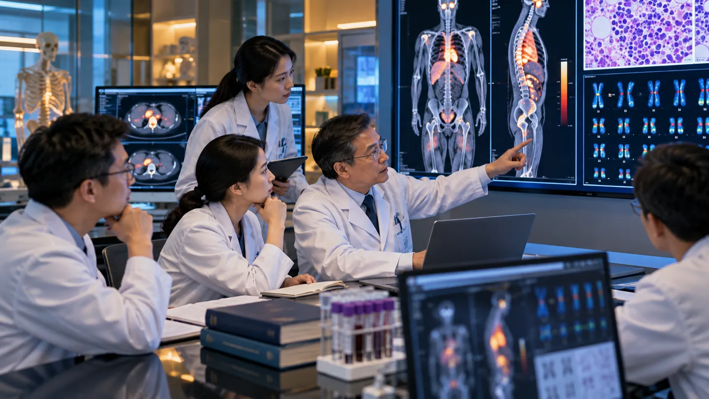 Chinese hematology team reviewing whole body imaging marrow findings and cytogenetic risk