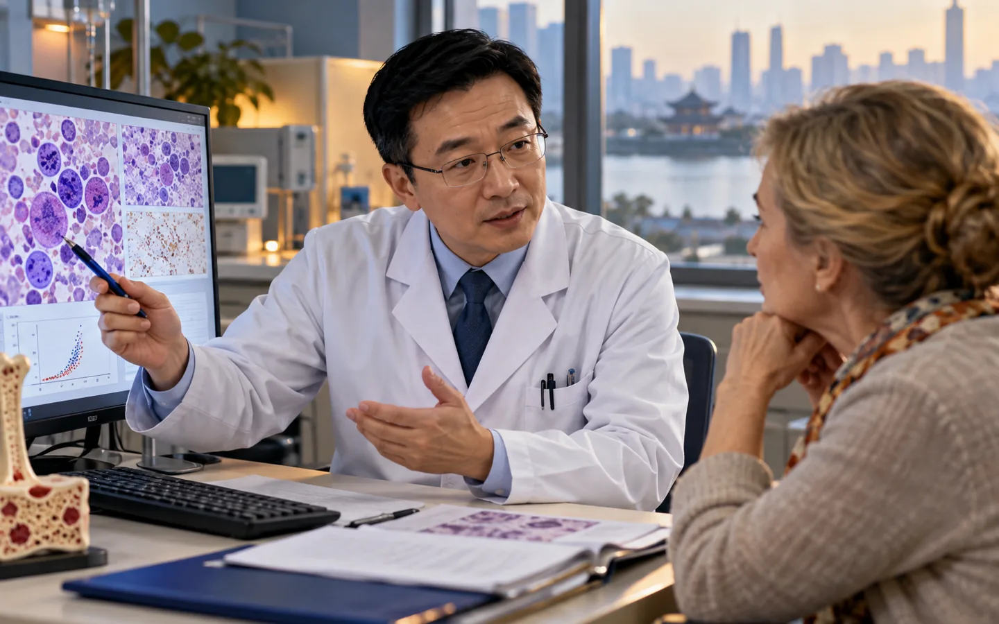 Chinese hematologist explaining MDS marrow findings and risk to an international patient