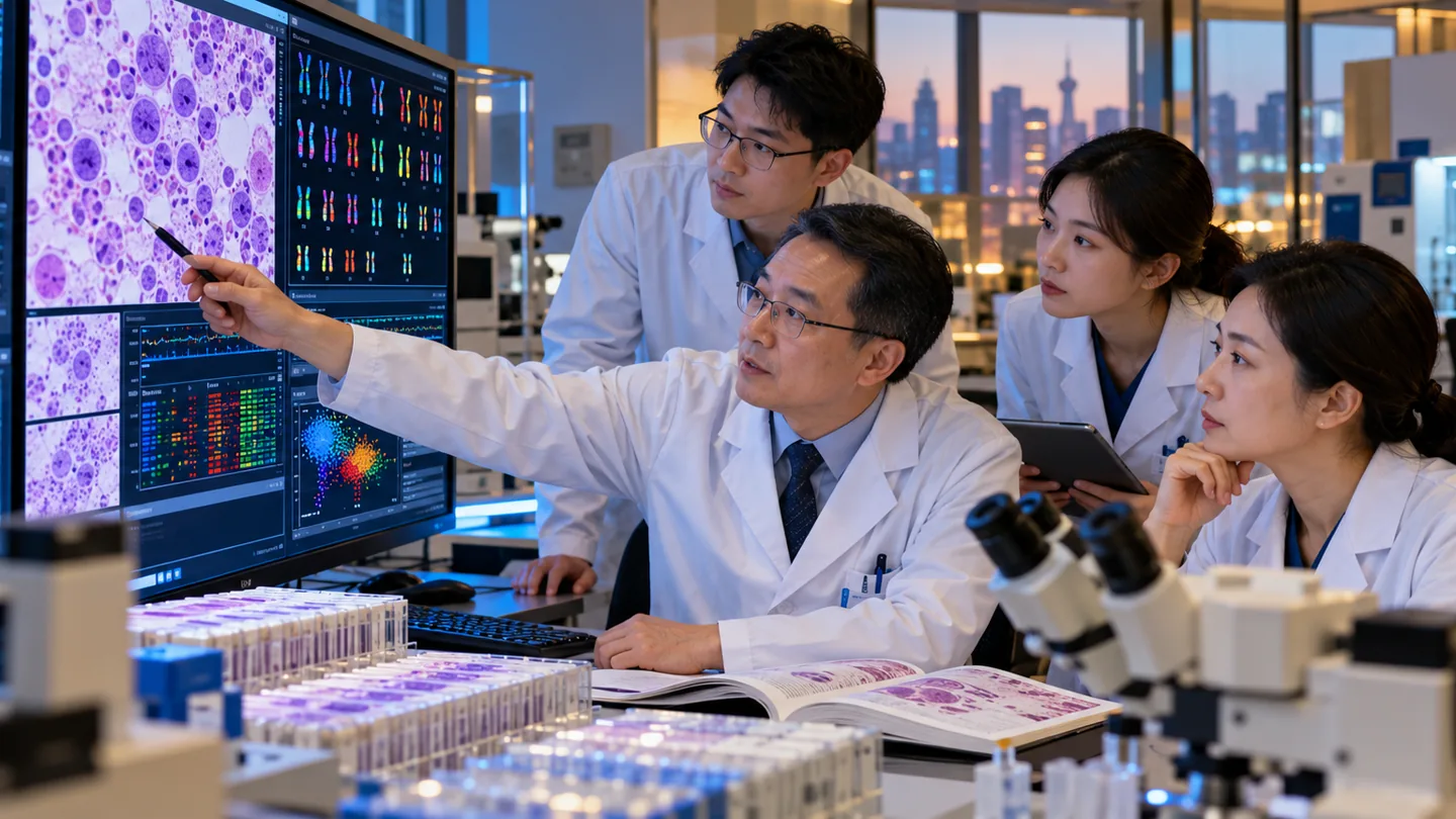 Chinese marrow pathology team reviewing dysplasia cytogenetics and molecular data