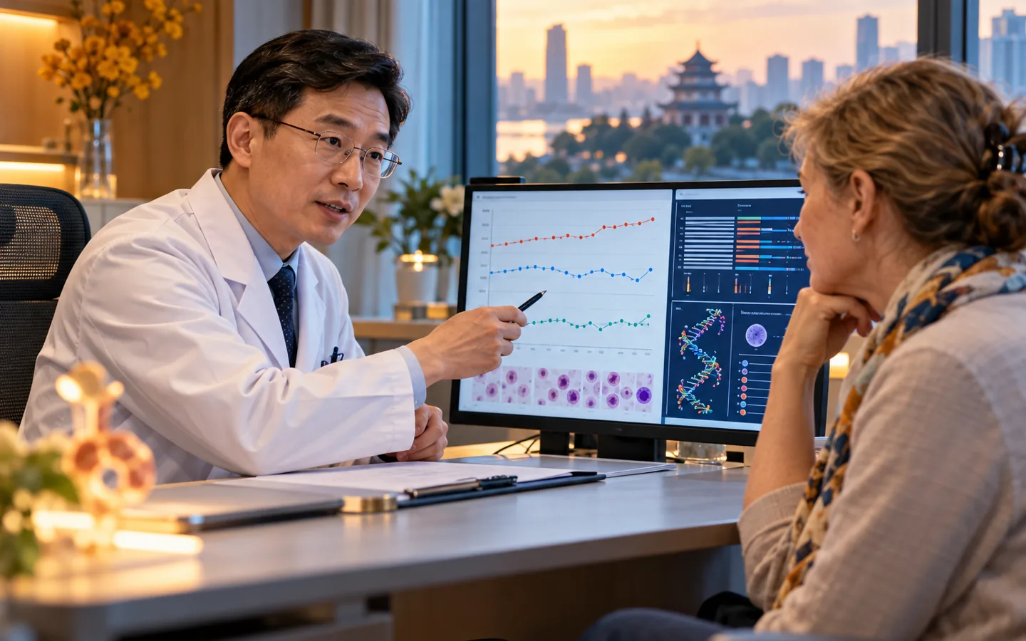Chinese MPN specialist explaining blood count trends and mutation results to an international patient