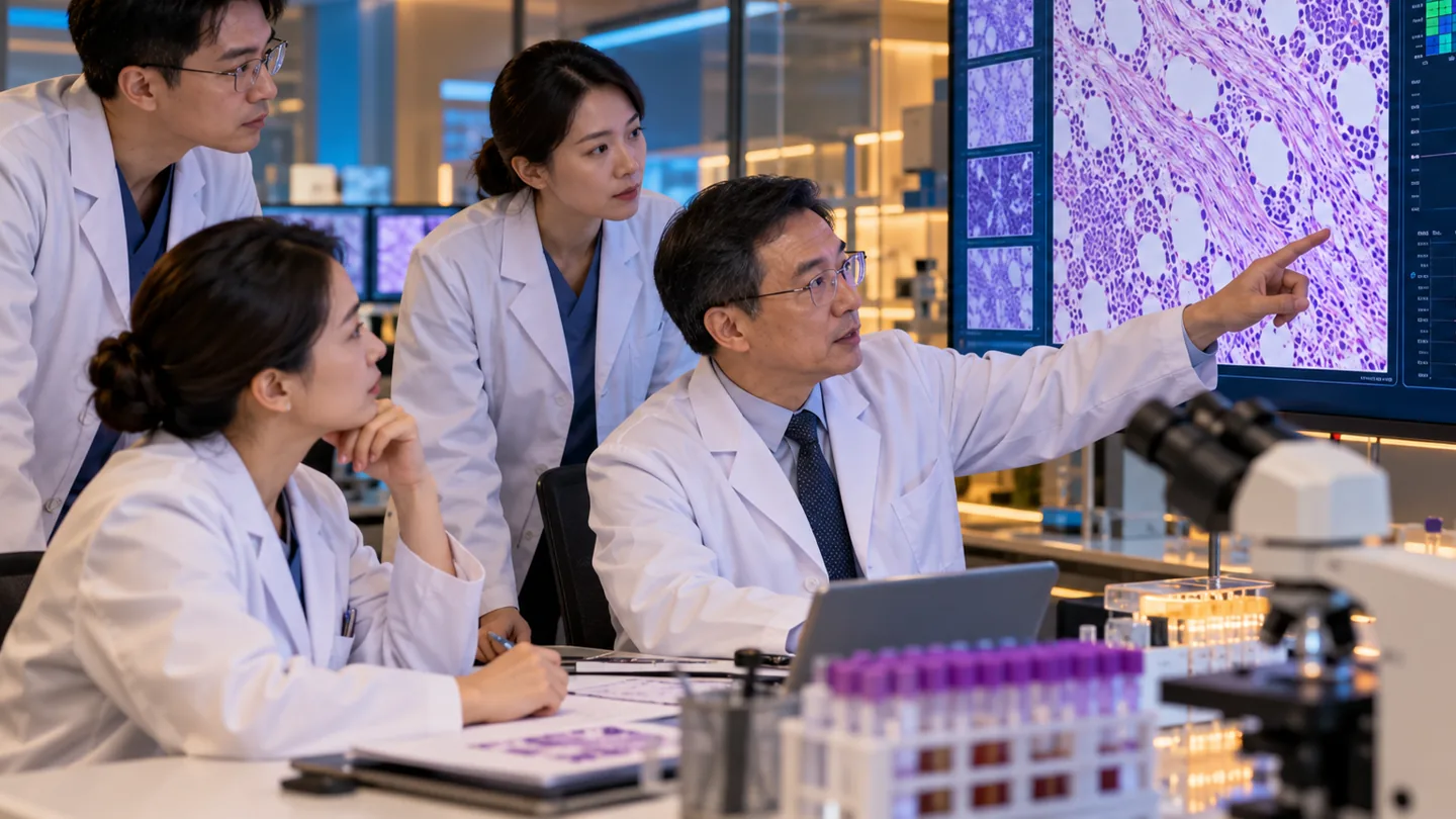 Chinese hematopathology team reviewing marrow fibrosis and molecular findings