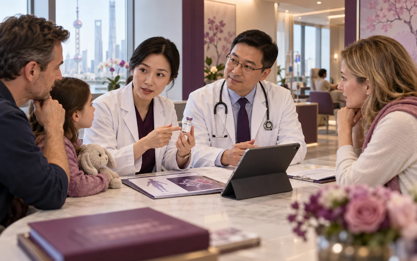 Chinese rare disease pharmacist and physician explaining orphan drug access to an international family