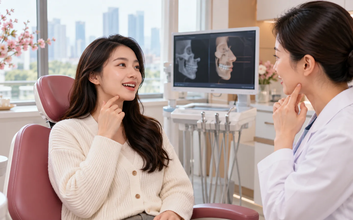 Fully clothed international patient completing bite orthodontic finishing nerve recovery and jaw movement review with a Chinese dental clinician