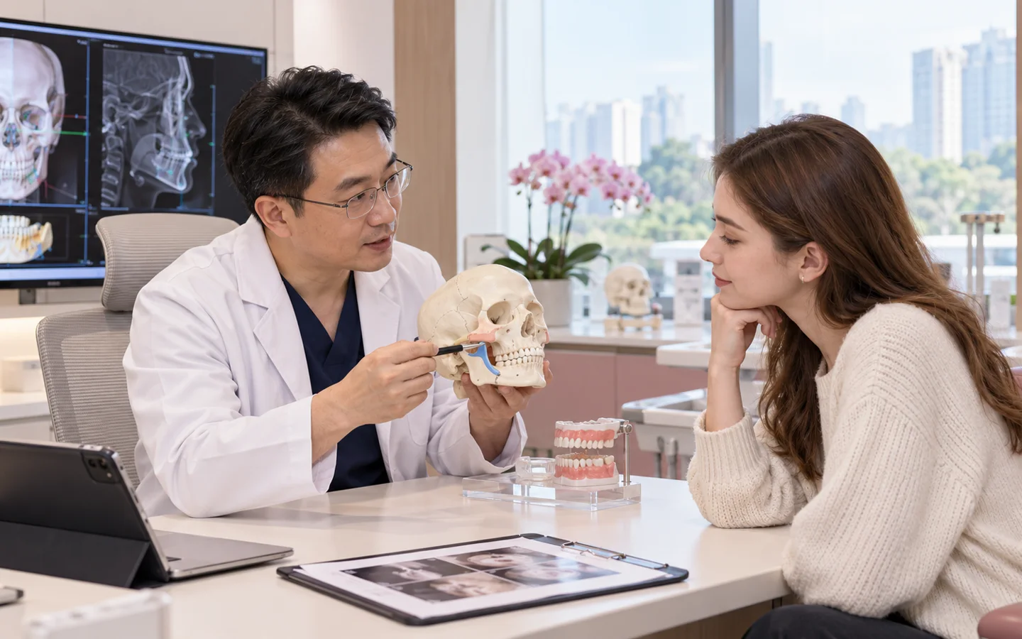 Chinese dental specialist explaining upper and lower jaw movement planning with a craniofacial model to a fully clothed international patient