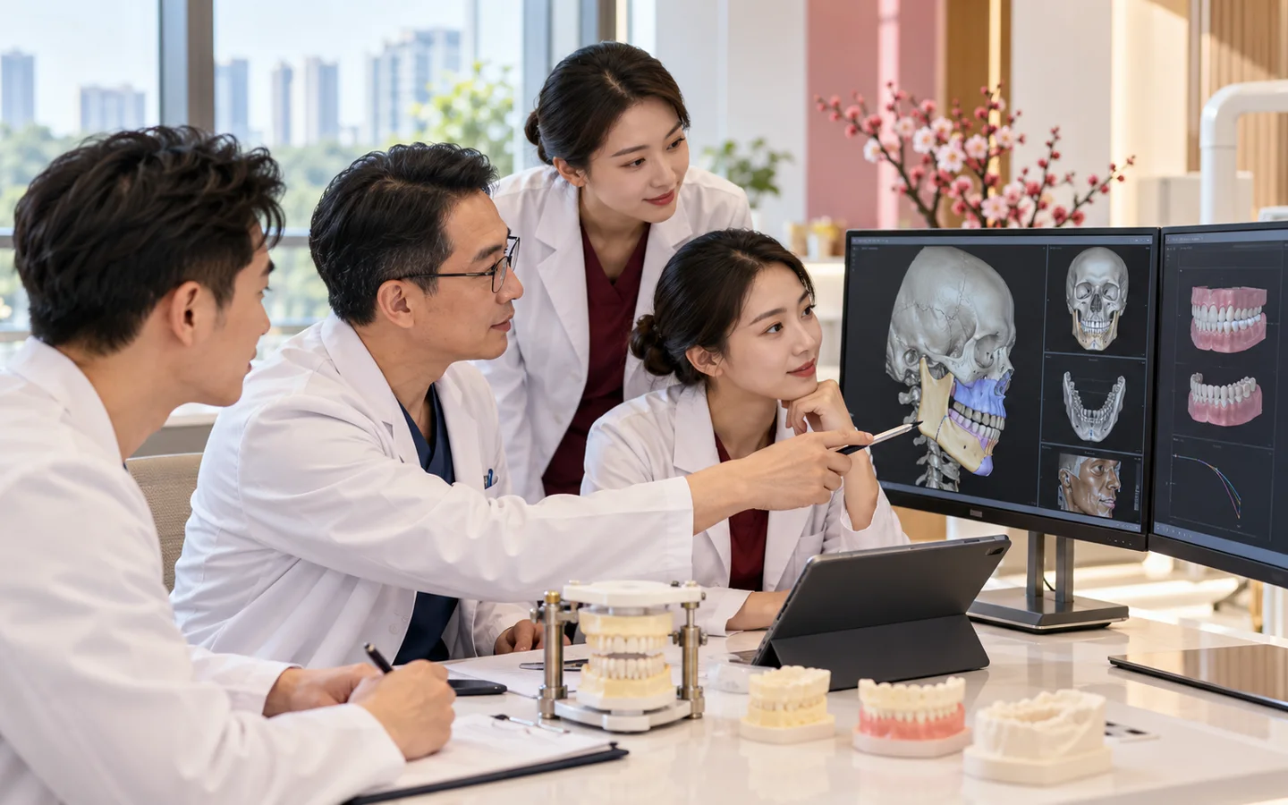 Chinese dental team reviewing 3D skeletal analysis dental models airway joint bite and surgical splint simulation