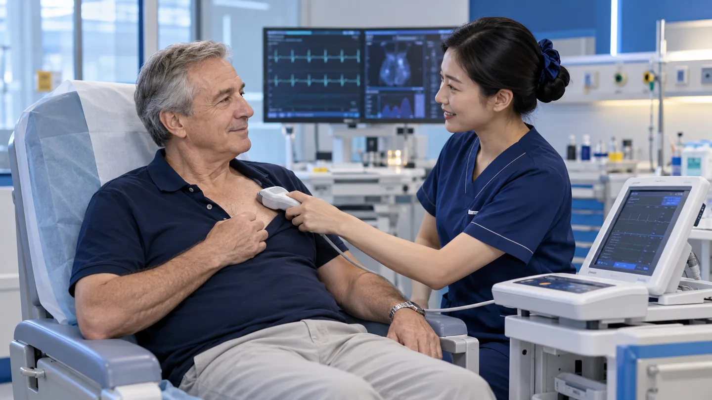 International patient receiving pacemaker interrogation and wound follow-up