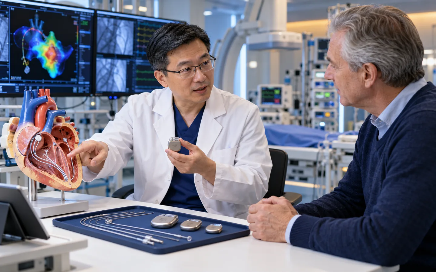 Chinese cardiac device specialist explaining pacemaker choices to an international patient