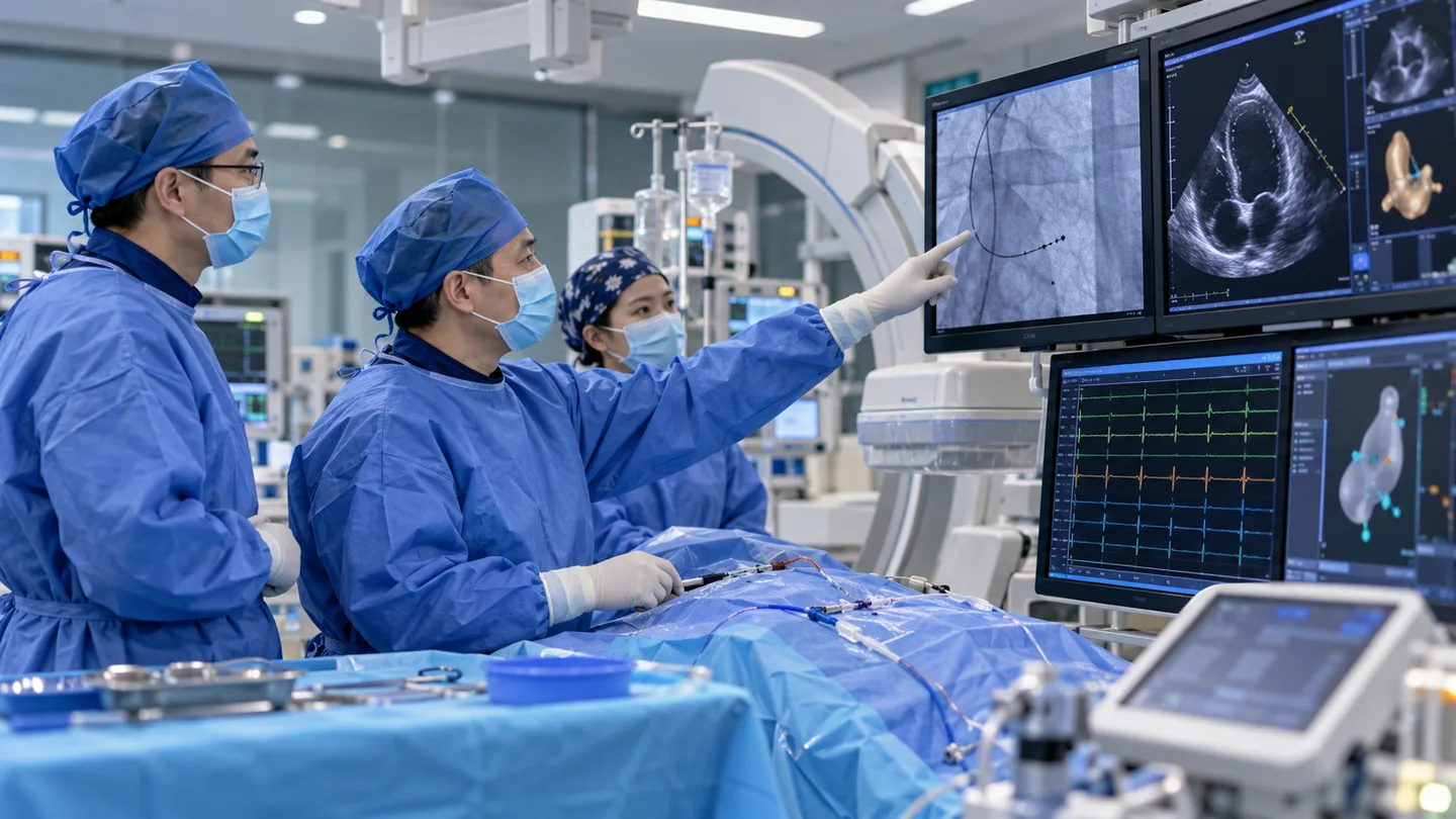 Chinese electrophysiology team planning pacemaker lead position with imaging and ECG data