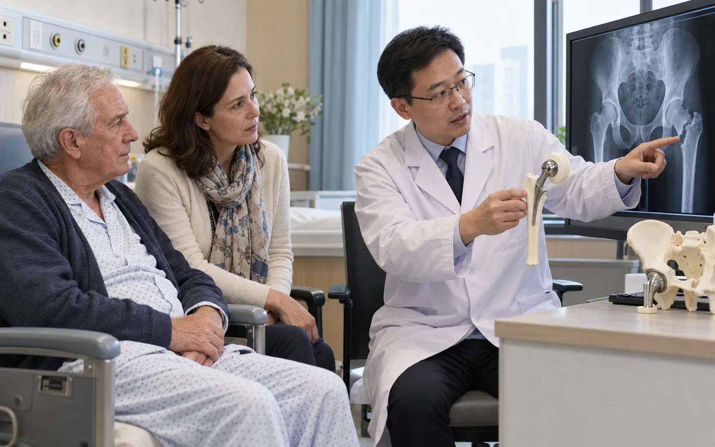 Chinese orthopedic surgeon discussing a femoral neck fracture and partial hip implant with an international patient and family member