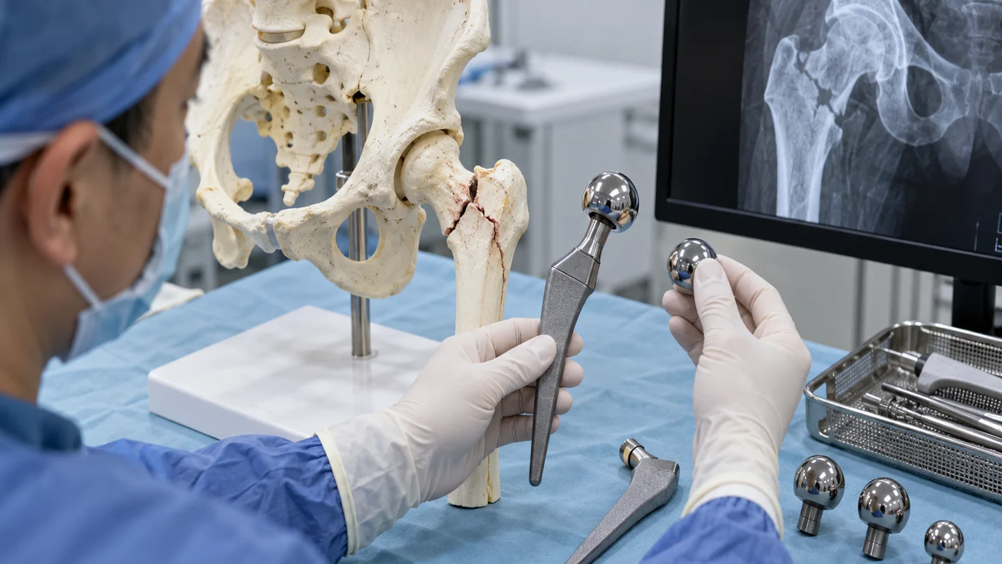 Hemiarthroplasty implant, femoral neck fracture model and X-ray used during surgical planning