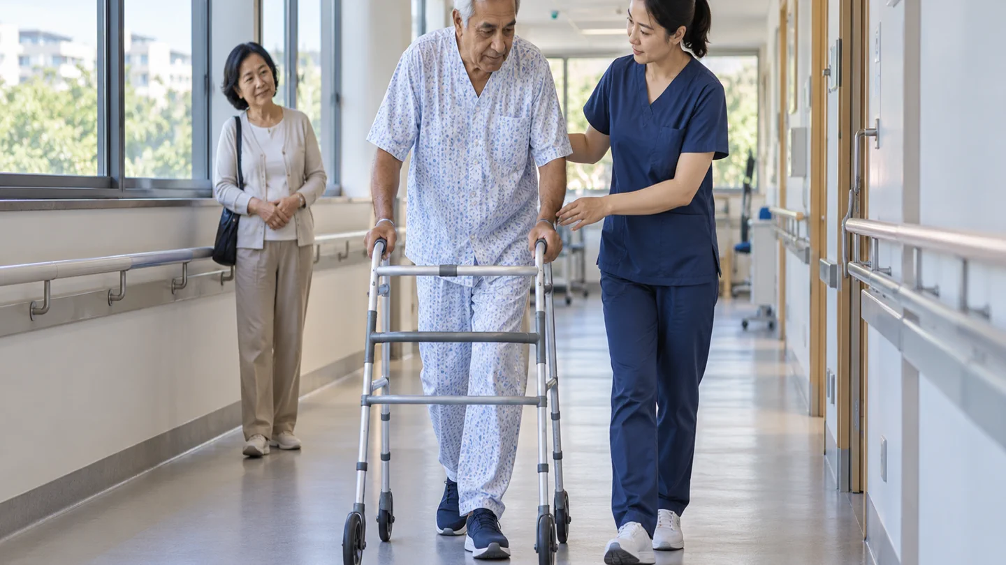 International patient walking with a wheeled frame under physiotherapist supervision after partial hip replacement