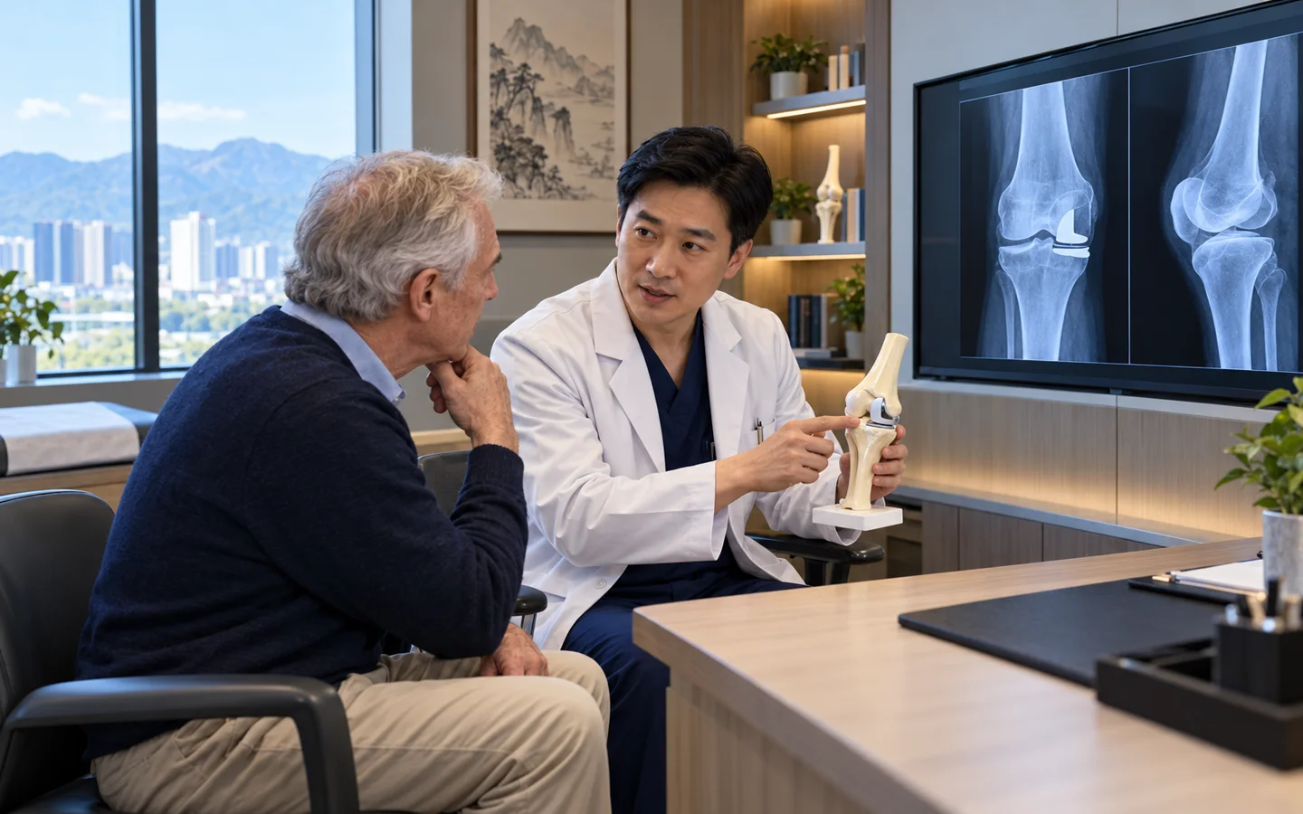 Orthopedic surgeon explaining a partial knee implant and radiographs to an international patient