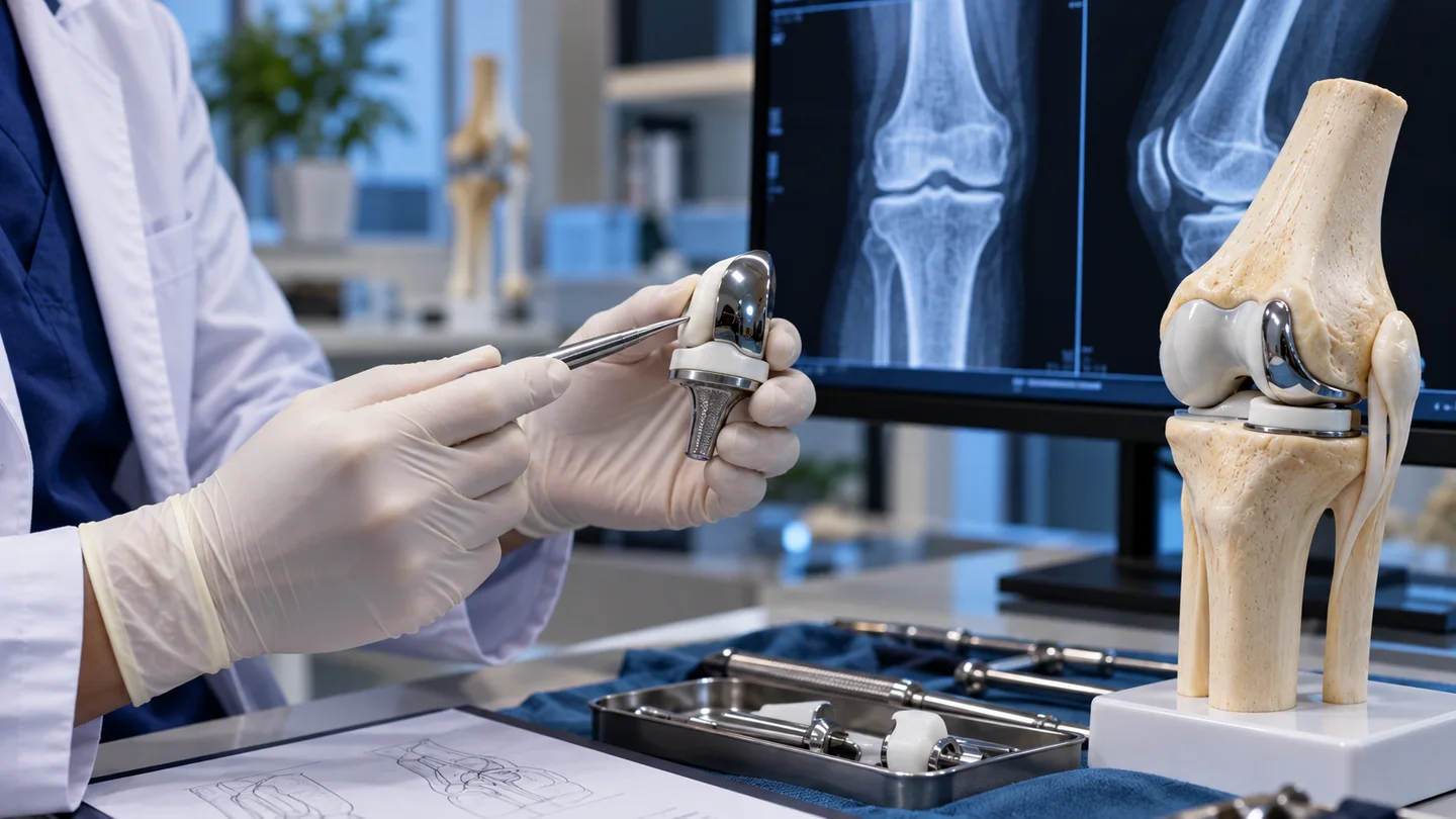 Partial knee implant, knee model and radiographs used during surgical planning