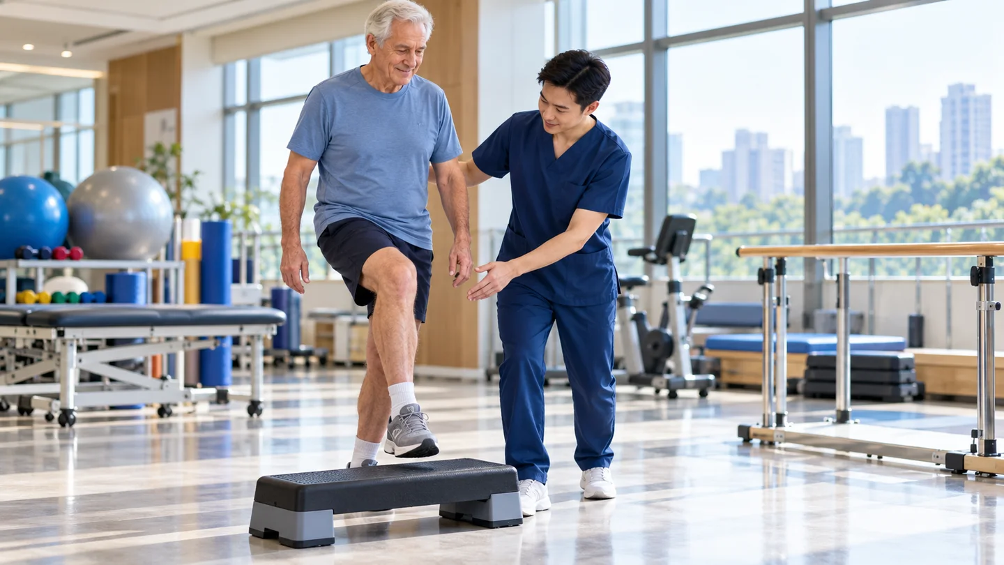 International patient practising a supervised step exercise after partial knee replacement