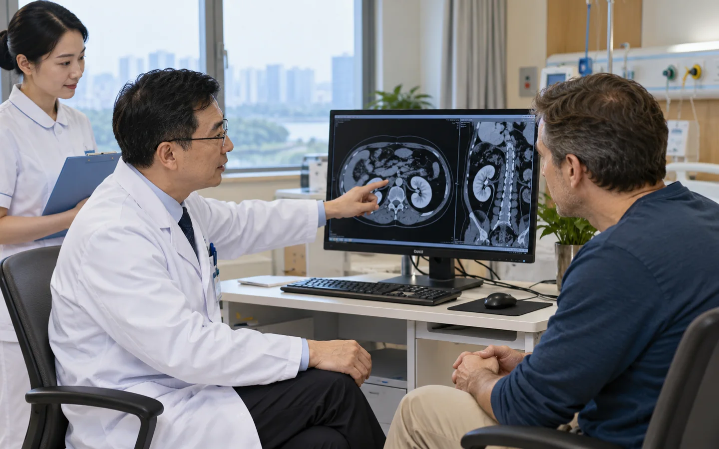 International patient reviewing kidney function pathology and surveillance after partial nephrectomy