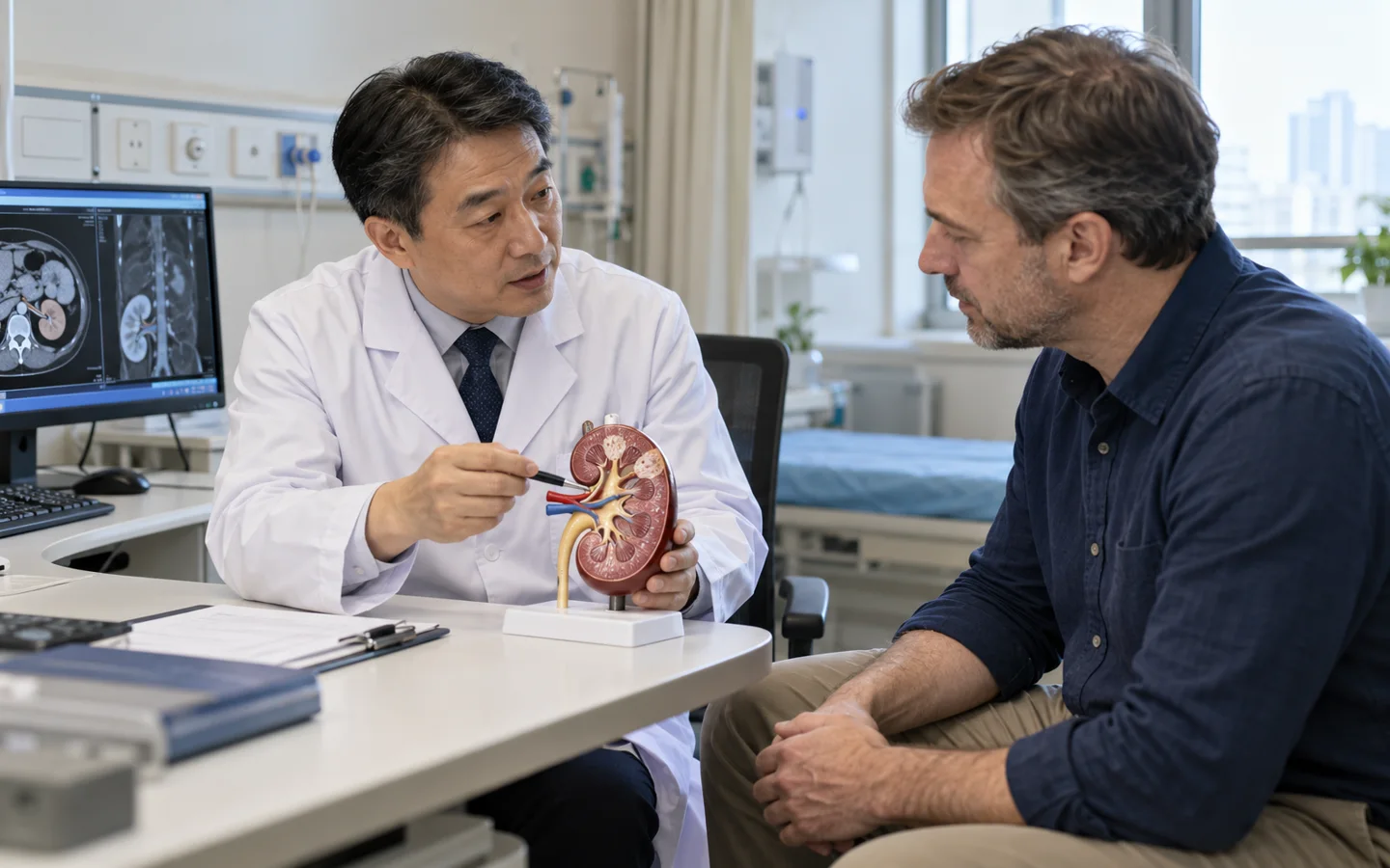 Chinese urologic oncologist explaining partial nephrectomy and kidney preservation to an international patient using a renal model