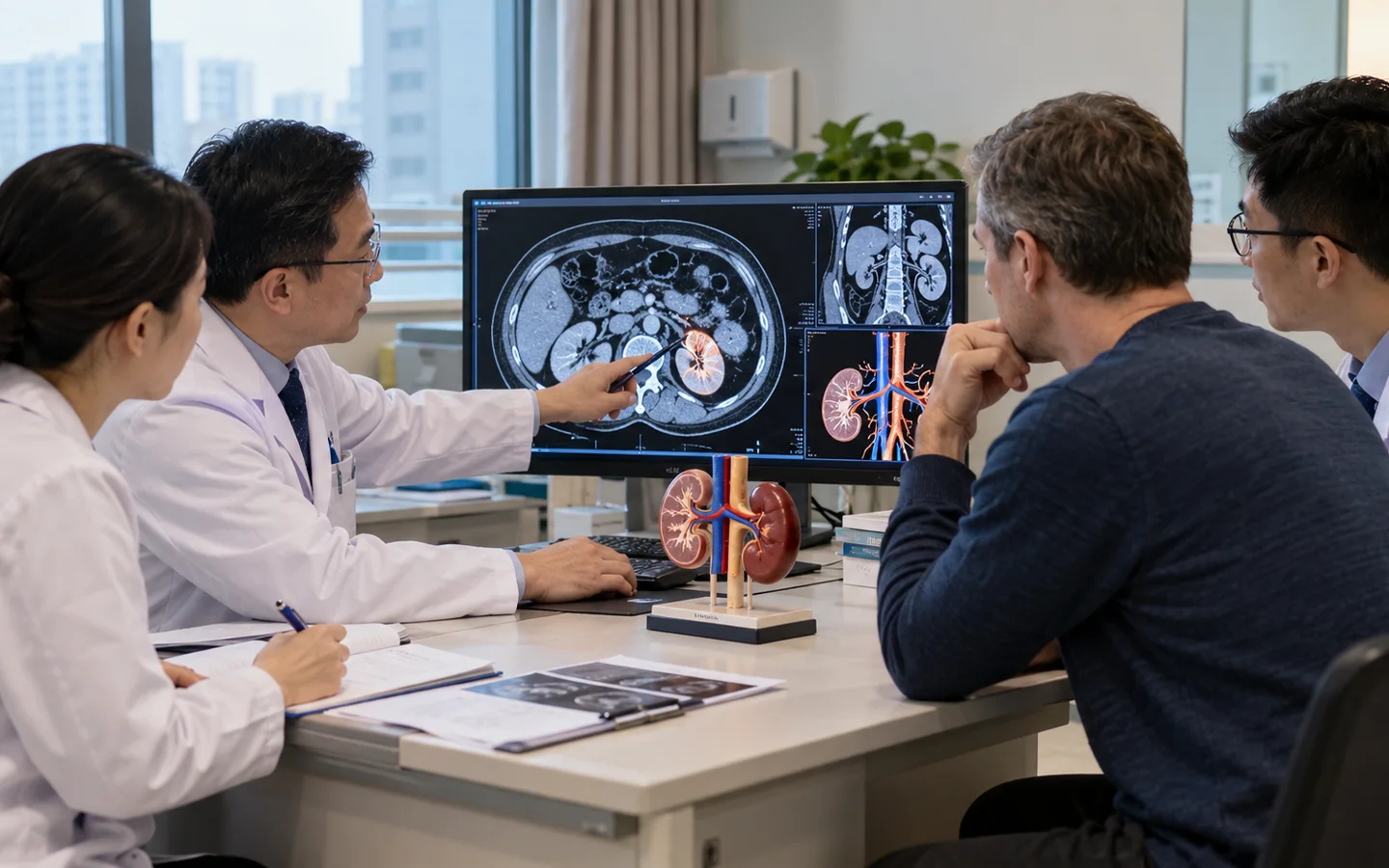 Chinese kidney cancer team reviewing contrast CT vascular anatomy tumor margin and reconstruction plan