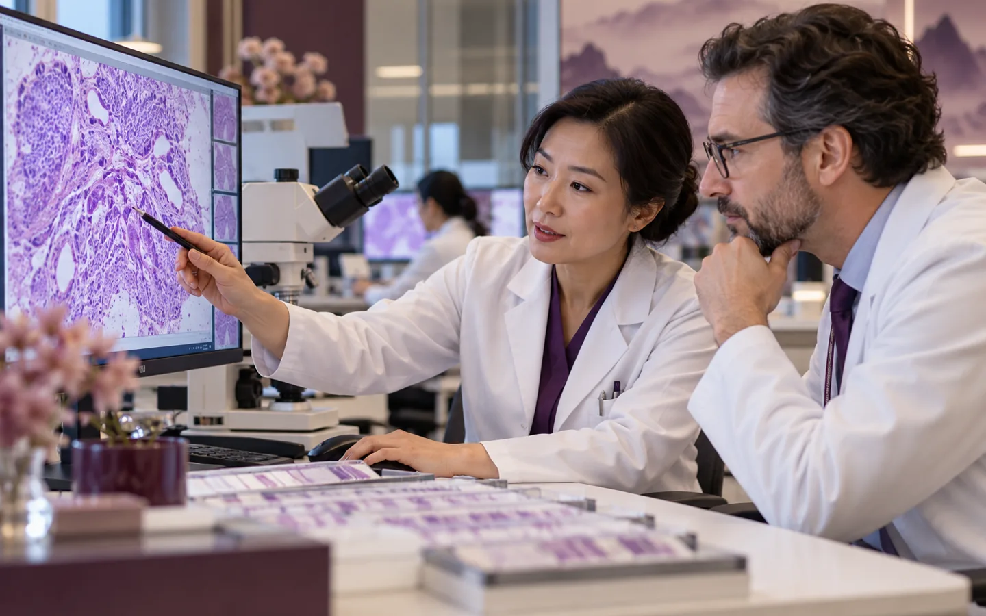 Chinese rare disease pathologist reviewing tissue slides with an international clinician