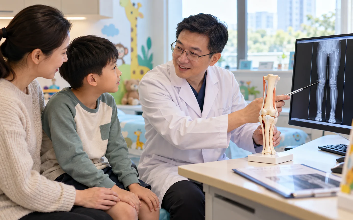 Chinese pediatric orthopedic surgeon reviewing leg alignment X-rays and a model with a child and parent