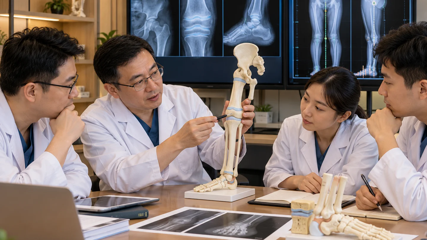Pediatric orthopedic team studying child growth plates, hip, foot and standing alignment images with a lower-limb model