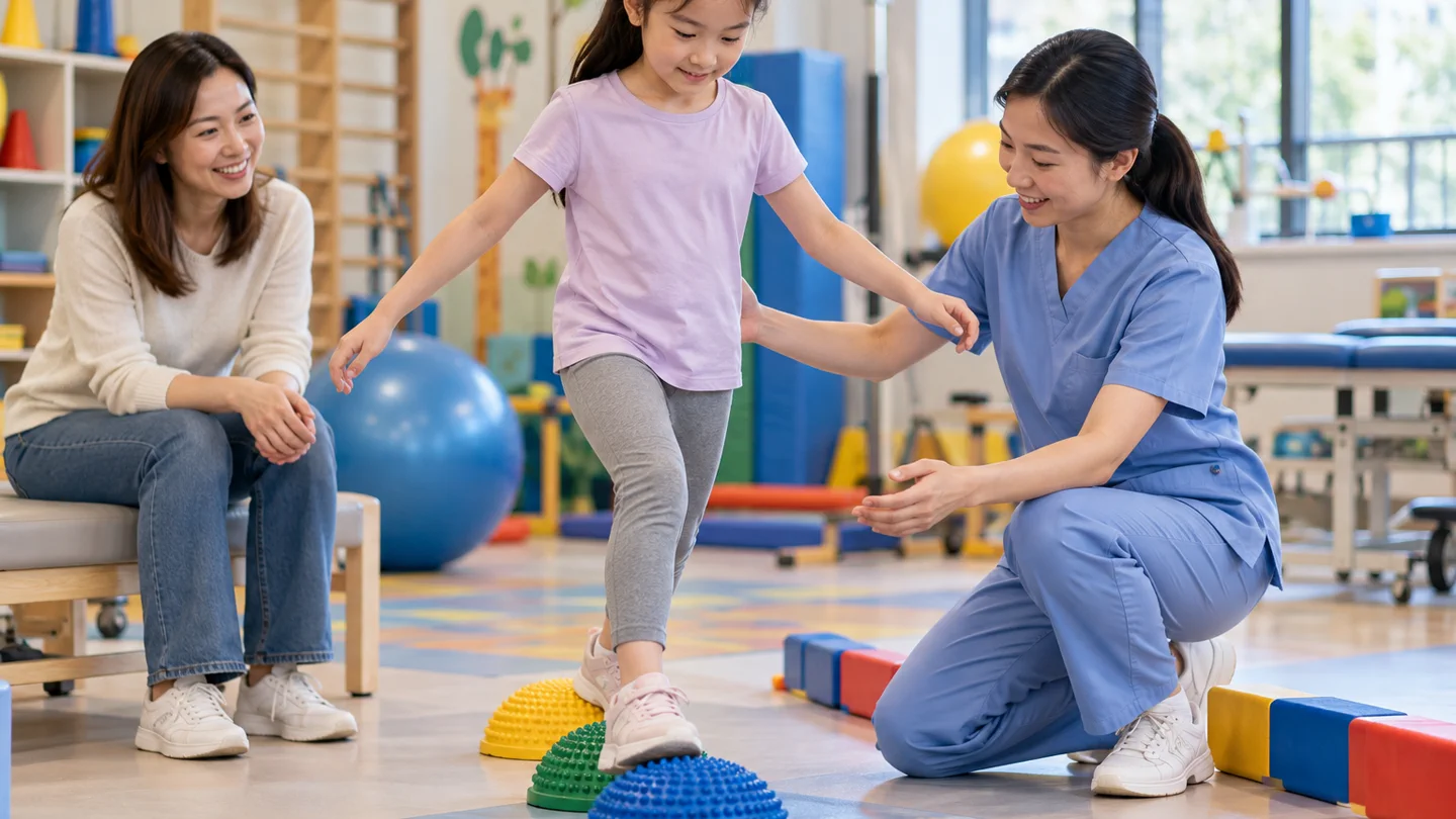 Child practising balance with a Chinese pediatric physiotherapist while a parent watches in a rehabilitation room