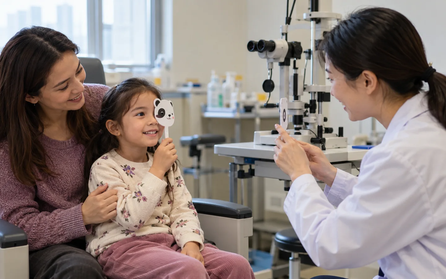 International child completing playful eye alignment follow up with parent and pediatric ophthalmology clinician