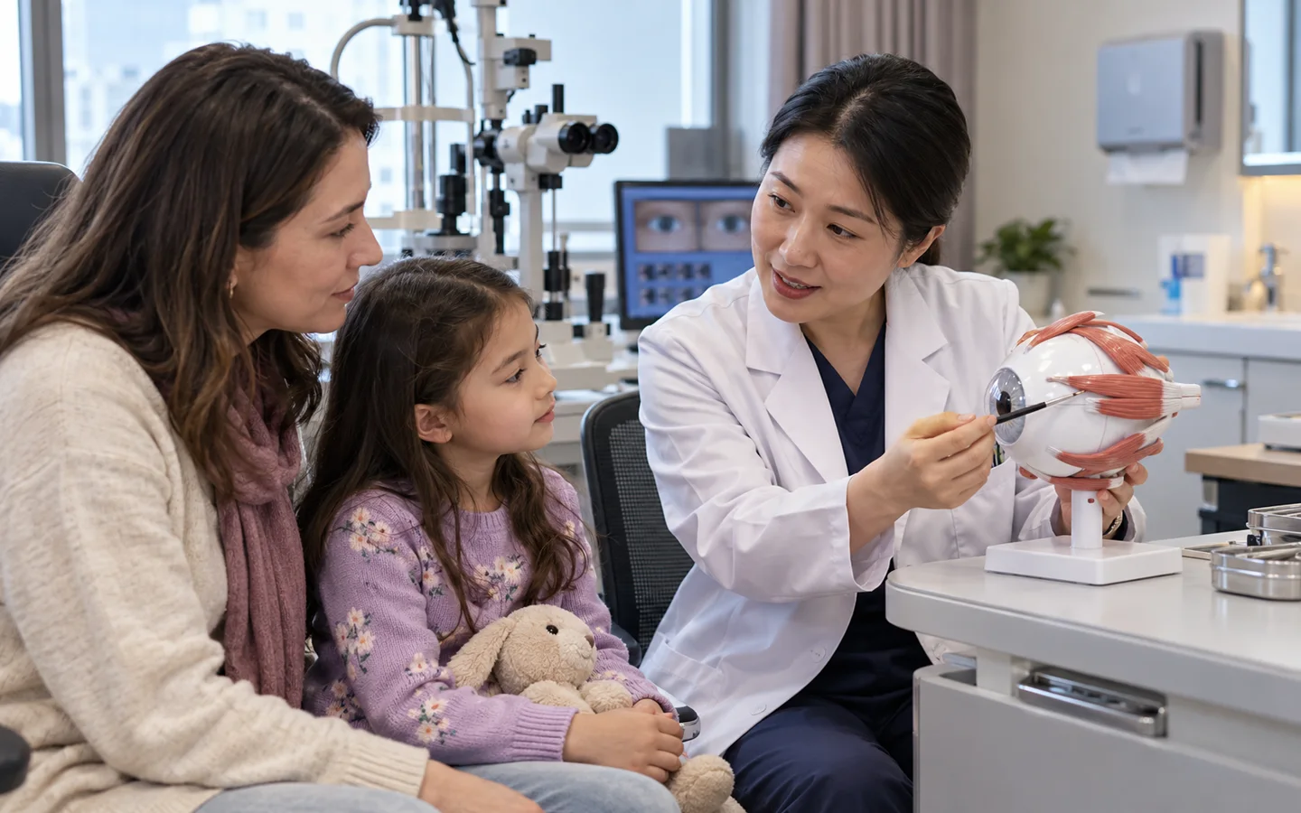 Chinese pediatric ophthalmologist explaining strabismus muscle surgery to an international child and parent using an eye model