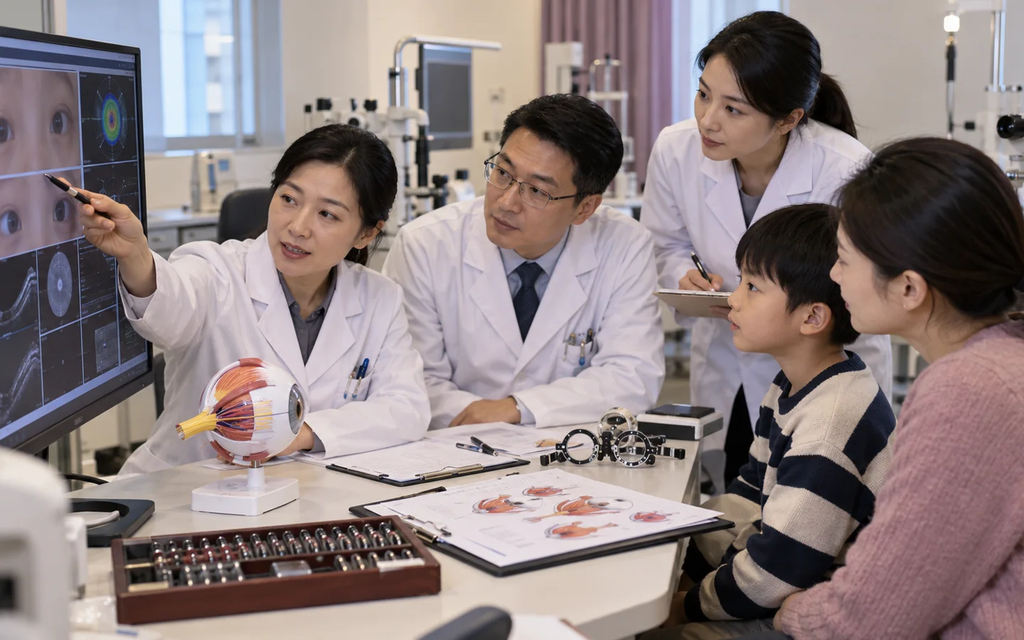 Chinese pediatric eye team reviewing alignment measurements refraction binocular testing and muscle plan