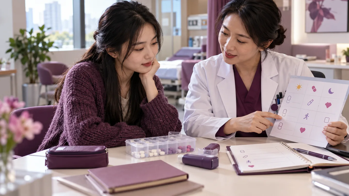 Chinese young adult reviewing medicines emergency plan and self management goals