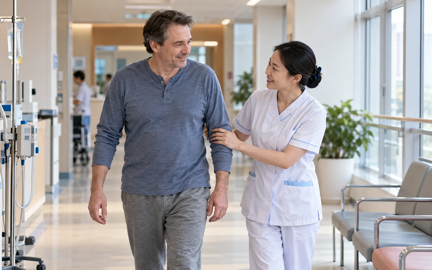 International adult patient walking with nurse support during recovery after complex kidney stone removal