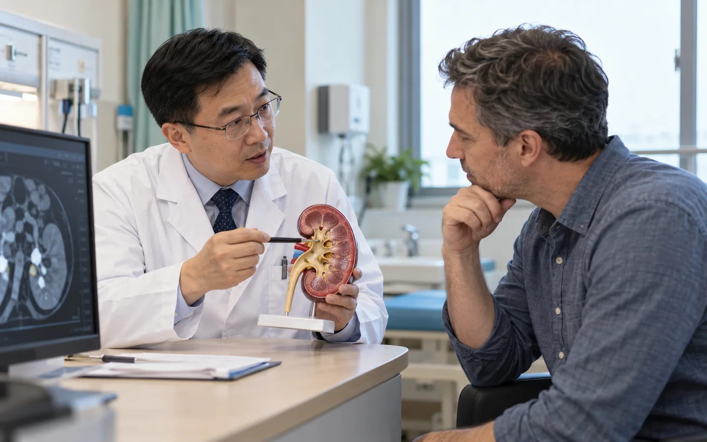 Chinese kidney stone surgeon explaining percutaneous nephrolithotomy access to an international adult patient with a kidney model