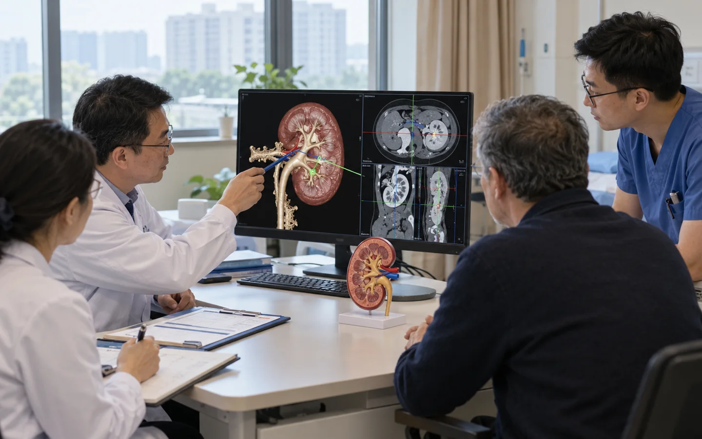 Chinese PCNL team reviewing three dimensional kidney CT safe access tract and antibiotic plan