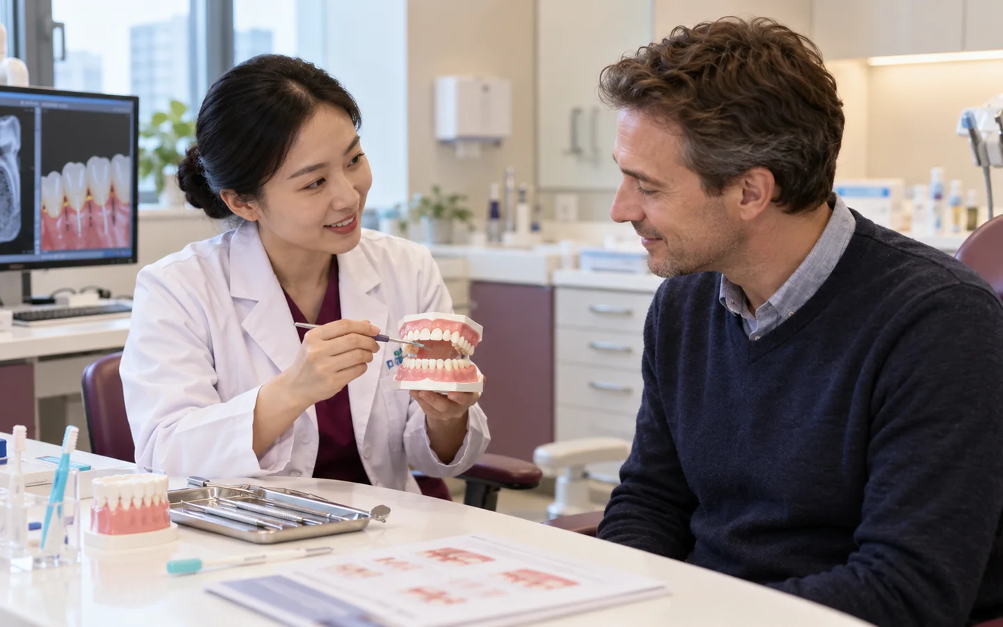 Fully clothed international patient completing pocket measurement hygiene coaching and maintenance after periodontal treatment with a Chinese dental clinician